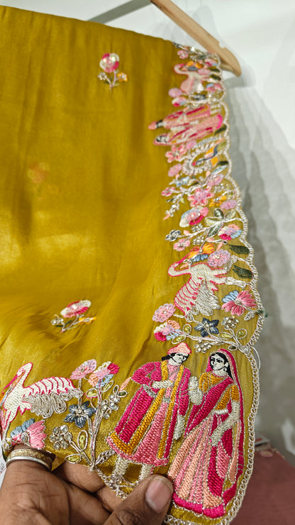 Golden Yellow Organza Sequins Dulha-Dulhan Work Saree