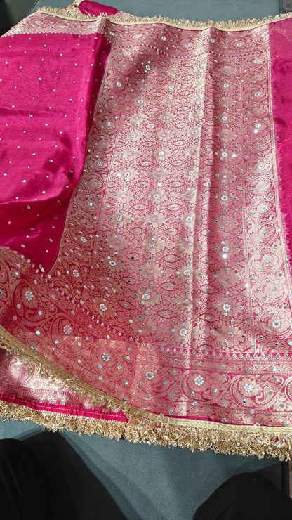 Rani Pink Banarasi Soft Maharani Glass Tissue Silk saree