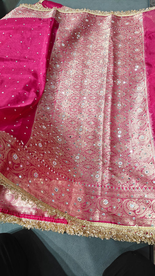 Rani Pink Banarasi Soft Maharani Glass Tissue Silk saree