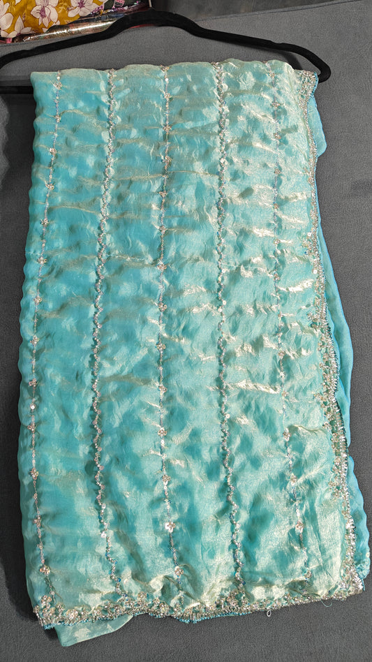 Ice Blue Bead Work Space Silk Saree