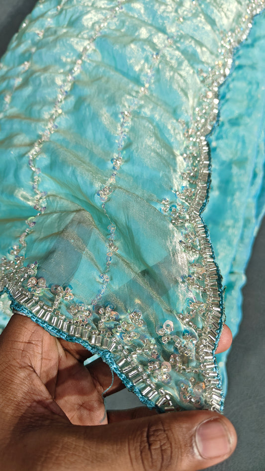 Ice Blue Bead Work Space Silk Saree