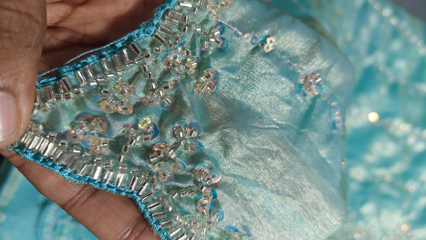 Ice Blue Bead Work Space Silk Saree