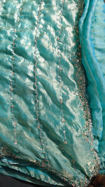 Ice Blue Bead Work Space Silk Saree