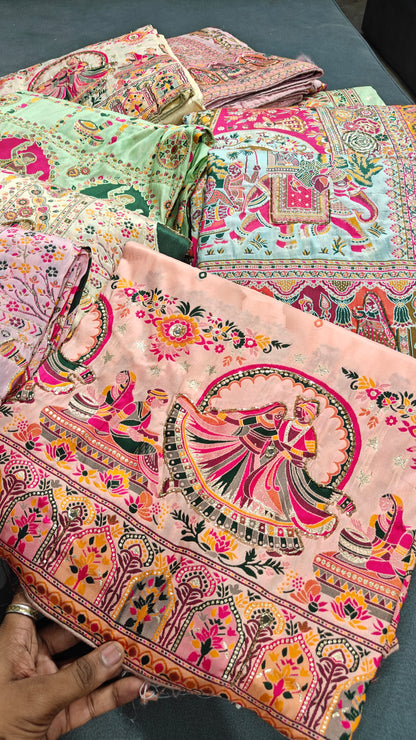 Peach Rajsi Ghoomar Pashmina Silk Saree