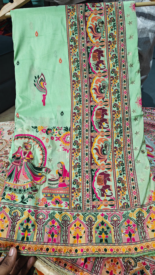 Mint Green Rajsi Ghoomar Pashmina Silk Saree