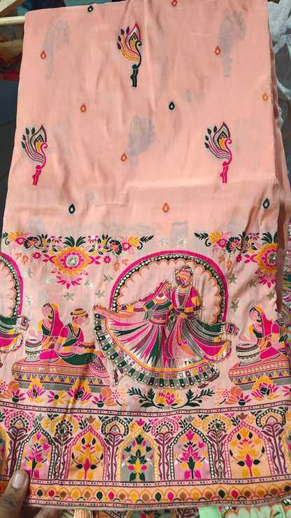 Peach Rajsi Ghoomar Pashmina Silk Saree