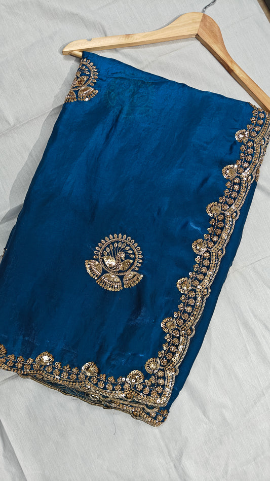 Royal Teal Blue Satin Silk Saree