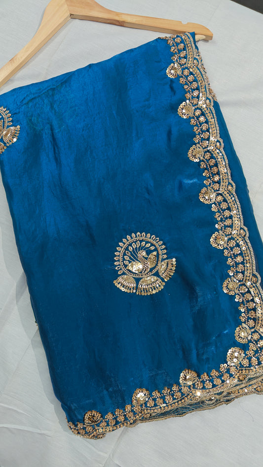 Royal Teal Blue Satin Silk Saree