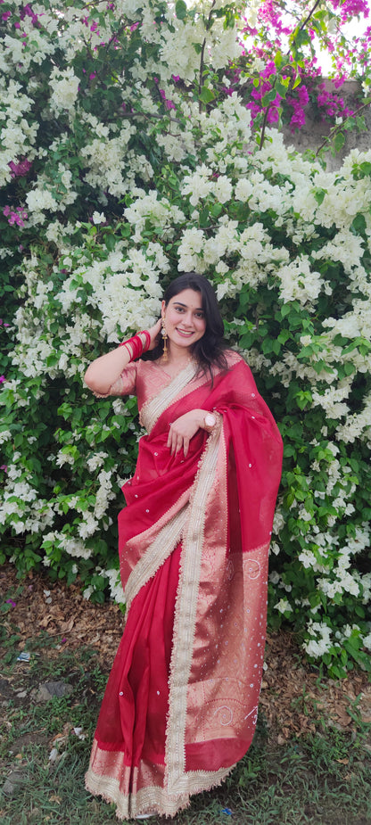 Red Banarasi Soft Maharani Glass Tissue Silk Saree