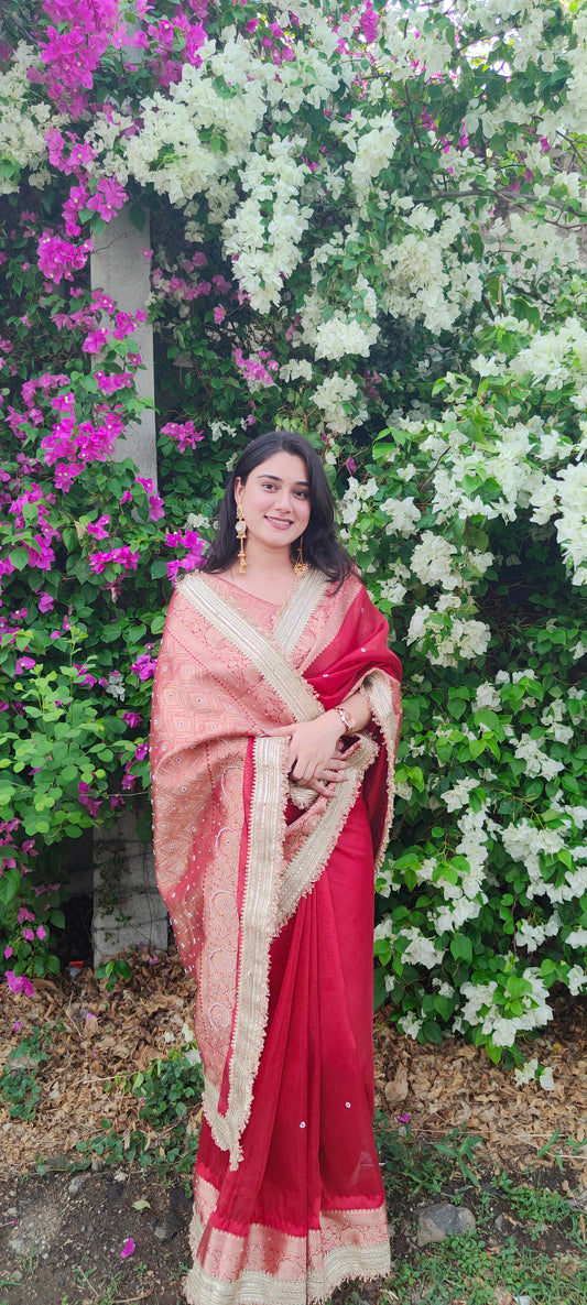 Red Banarasi Soft Maharani Glass Tissue Silk Saree