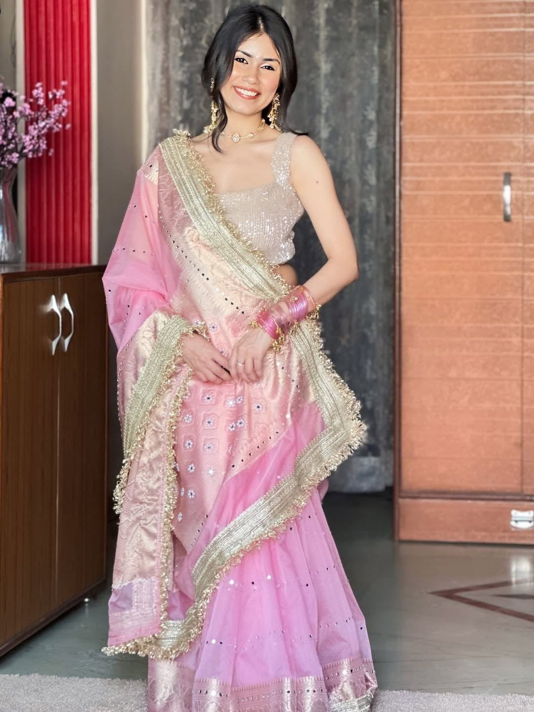 Blush Rose Gold Banarasi Kora Organza Silk Saree with Mirror Work
