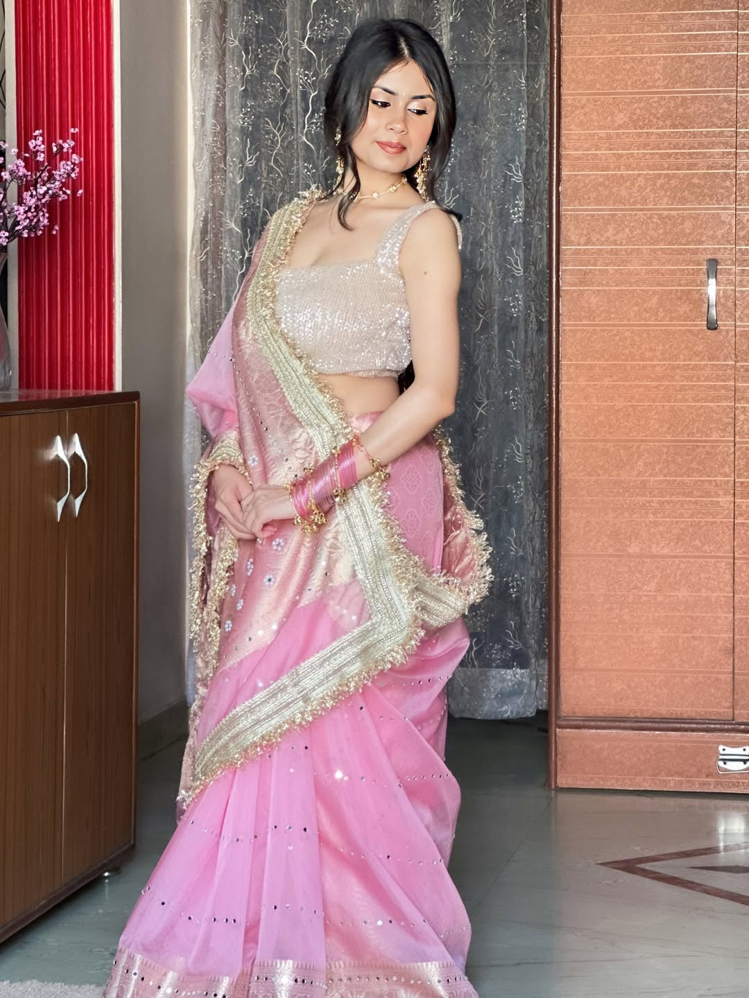 Blush Rose Gold Banarasi Kora Organza Silk Saree with Mirror Work