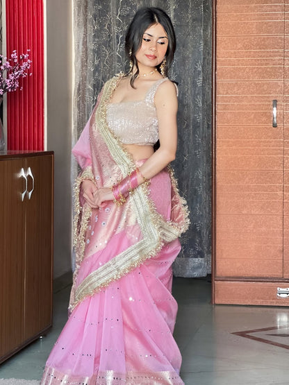 Blush Rose Gold Banarasi Kora Organza Silk Saree with Mirror Work