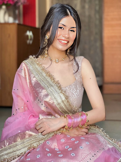 Blush Rose Gold Banarasi Kora Organza Silk Saree with Mirror Work