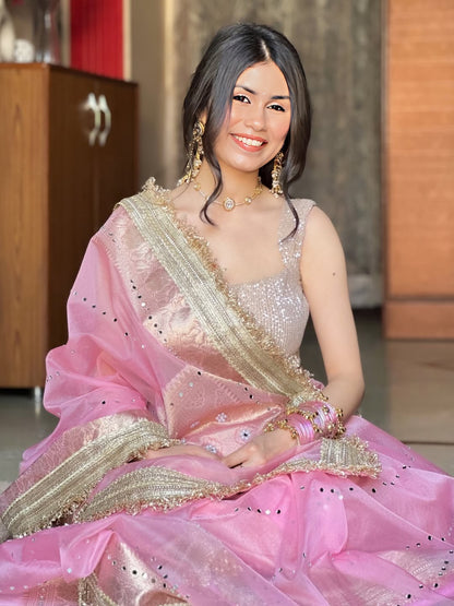Blush Rose Gold Banarasi Kora Organza Silk Saree with Mirror Work