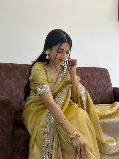 Gold Yellow Banarasi Soft Glass Tissue Silk Saree