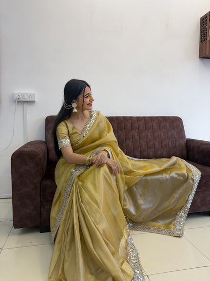 Gold Yellow Banarasi Soft Glass Tissue Silk Saree