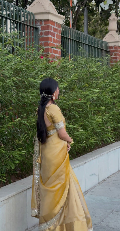 Gold Yellow Banarasi Soft Glass Tissue Silk Saree