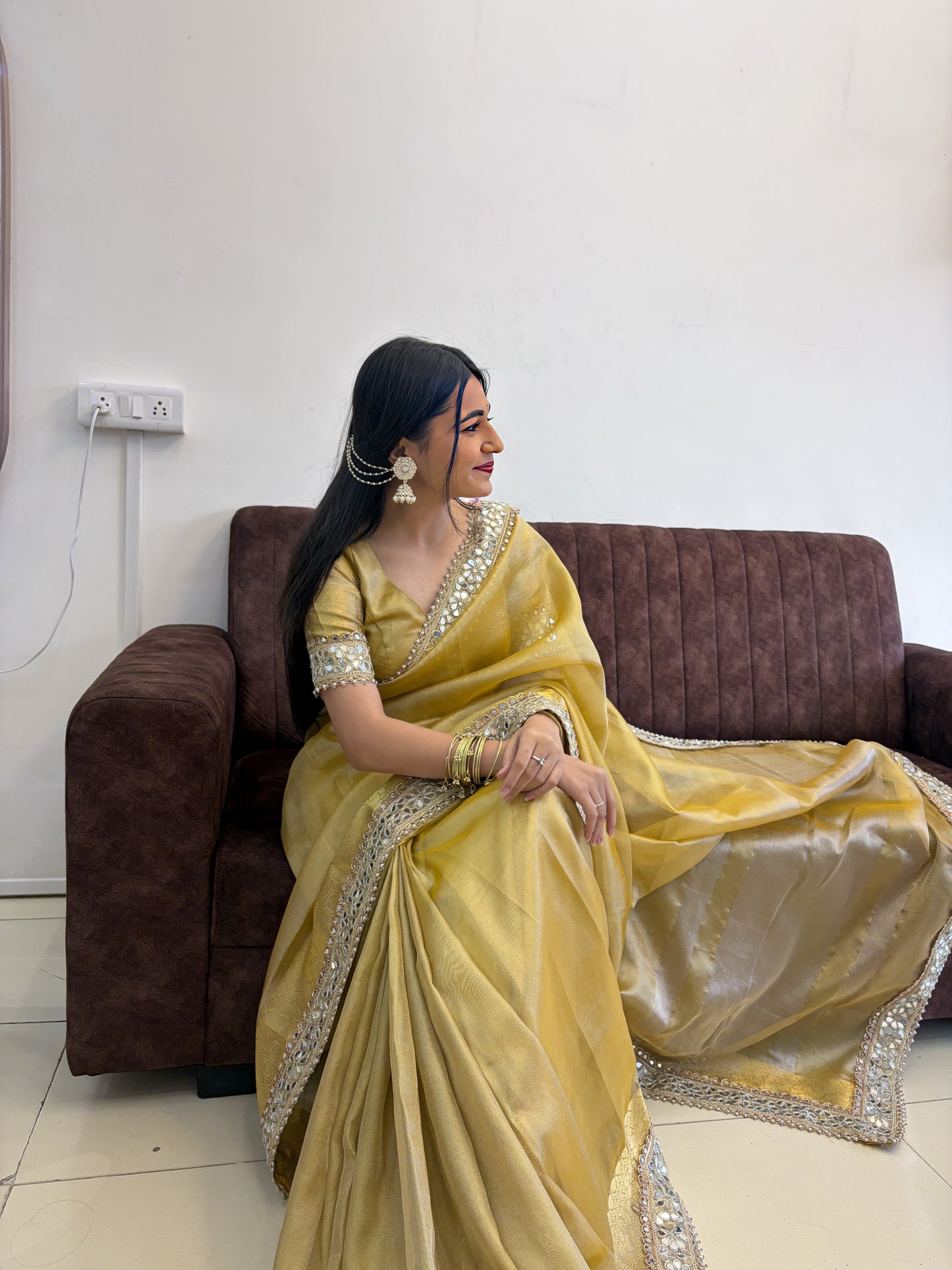 Gold Yellow Banarasi Soft Glass Tissue Silk Saree