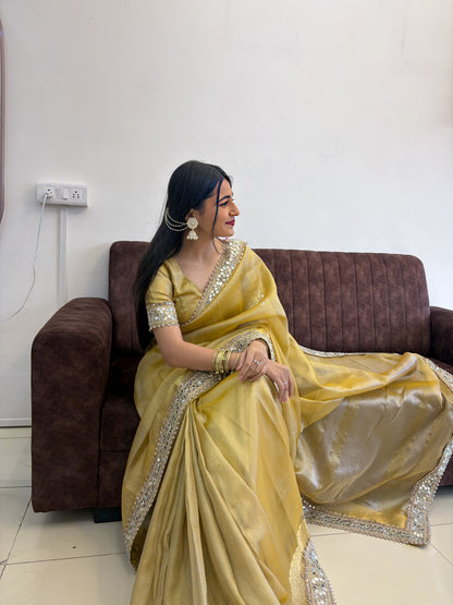 Gold Yellow Banarasi Soft Glass Tissue Silk Saree