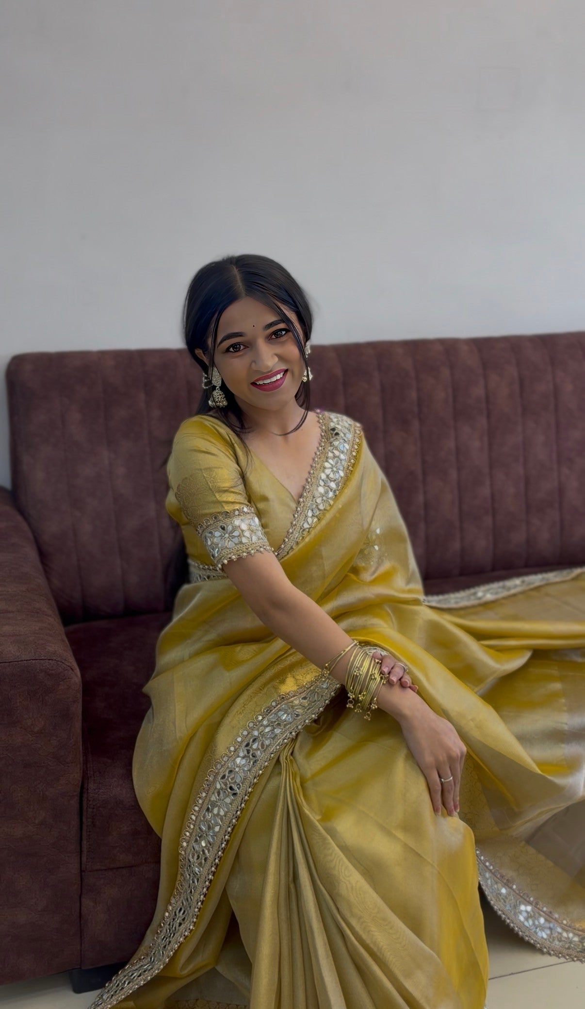 Gold Yellow Banarasi Soft Glass Tissue Silk Saree