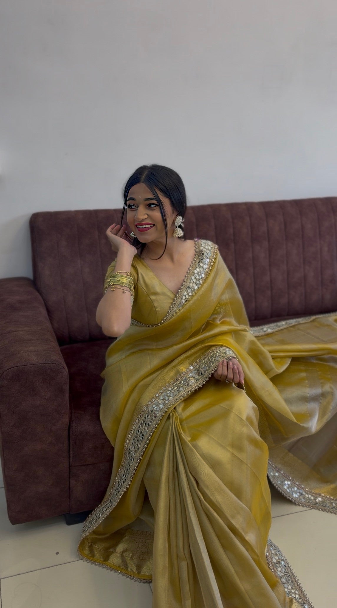 Gold Yellow Banarasi Soft Glass Tissue Silk Saree