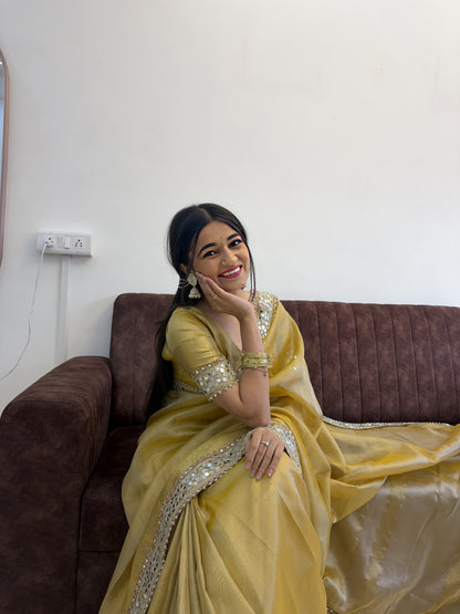 Gold Yellow Banarasi Soft Glass Tissue Silk Saree