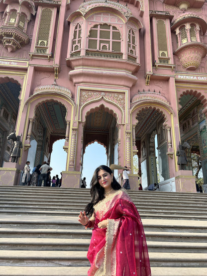 Rani Pink Banarasi Soft Maharani Glass Tissue Silk Saree