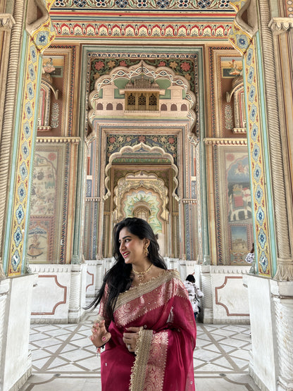 Rani Pink Banarasi Soft Maharani Glass Tissue Silk Saree