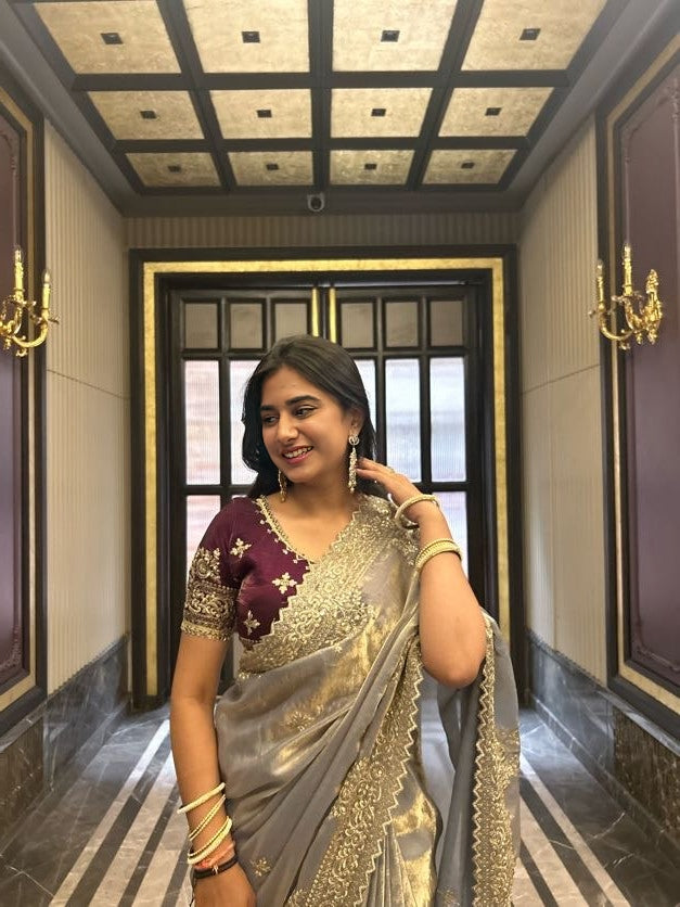 Ethereal Lavender Satin Fendi Saree with Intricate Embroidery