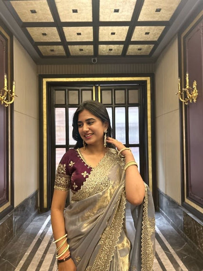 Ethereal Lavender Satin Fendi Saree with Intricate Embroidery