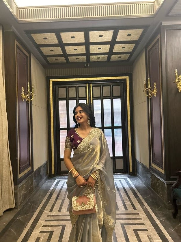 Ethereal Lavender Satin Fendi Saree with Intricate Embroidery