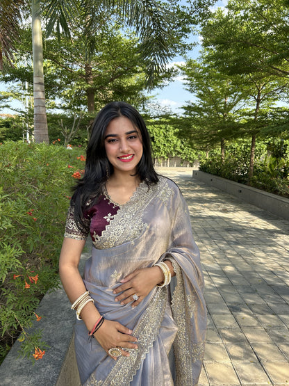 Ethereal Lavender Satin Fendi Saree with Intricate Embroidery