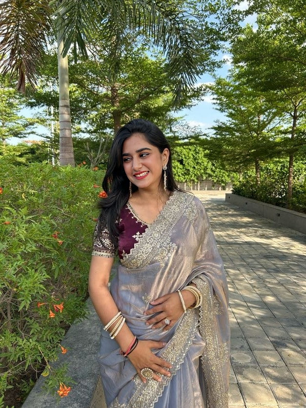 Ethereal Lavender Satin Fendi Saree with Intricate Embroidery