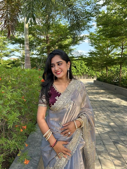 Ethereal Lavender Satin Fendi Saree with Intricate Embroidery