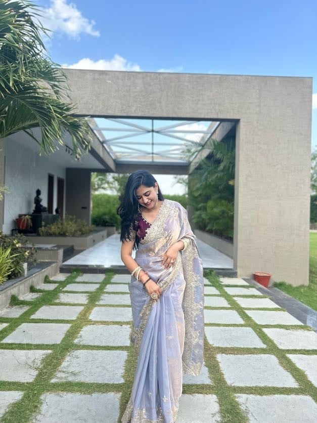 Ethereal Lavender Satin Fendi Saree with Intricate Embroidery