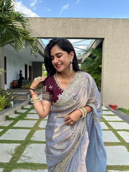 Ethereal Lavender Satin Fendi Saree with Intricate Embroidery