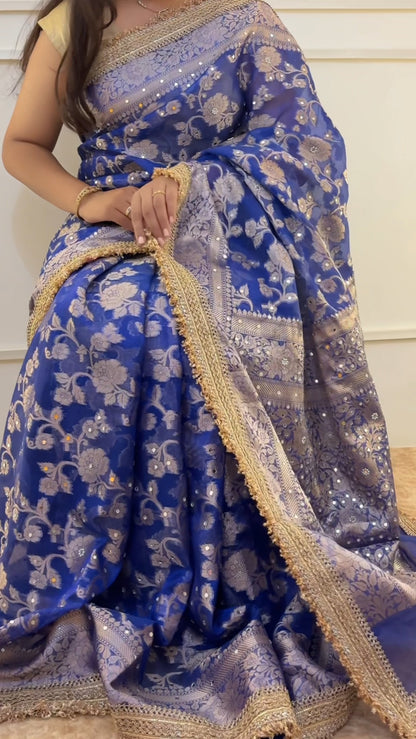 Royal Blue Banarasi Soft Jaal Tissue Silk Saree