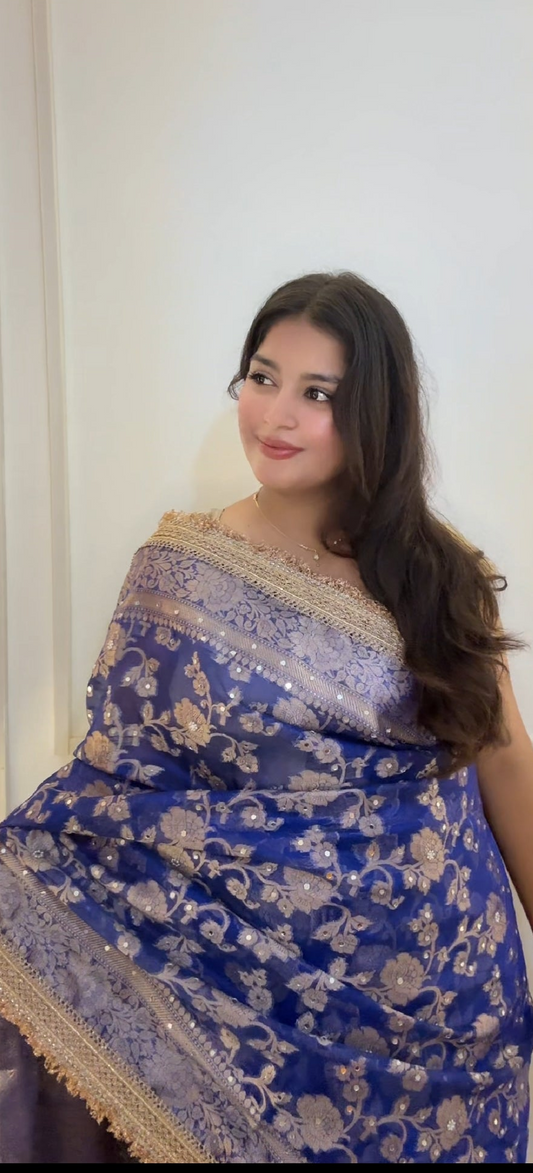 Royal Blue Banarasi Soft Jaal Tissue Silk Saree