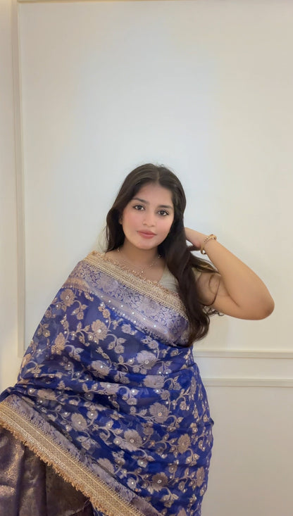 Royal Blue Banarasi Soft Jaal Tissue Silk Saree
