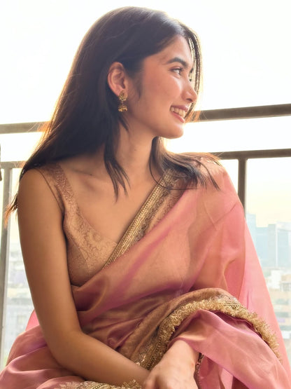 Pink Banarasi Soft Tissue Silk Saree
