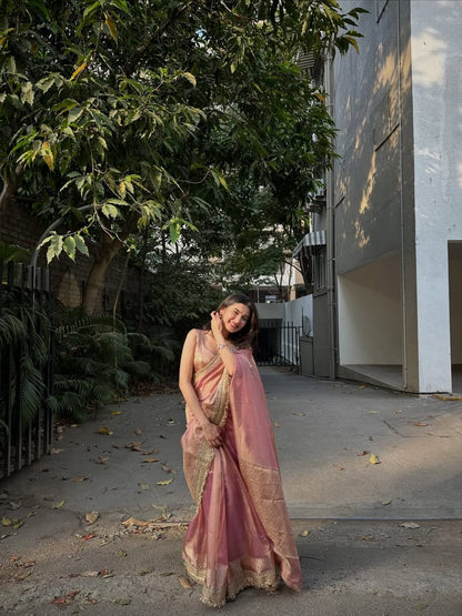 Pink Banarasi Soft Tissue Silk Saree
