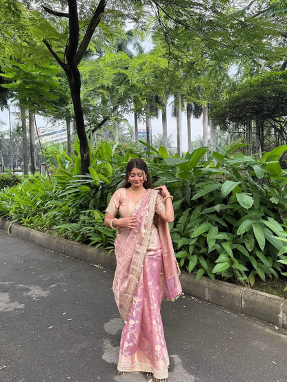Pink Banarasi Soft Jaal Tissue Silk Saree