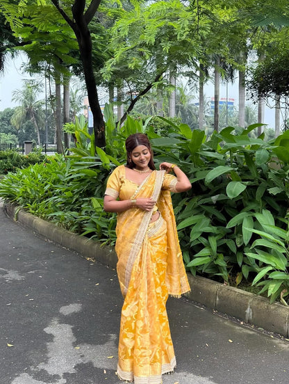Yellow Banarasi Soft Jaal Tissue Silk Saree