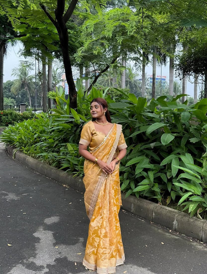 Yellow Banarasi Soft Jaal Tissue Silk Saree