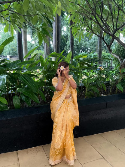 Yellow Banarasi Soft Jaal Tissue Silk Saree
