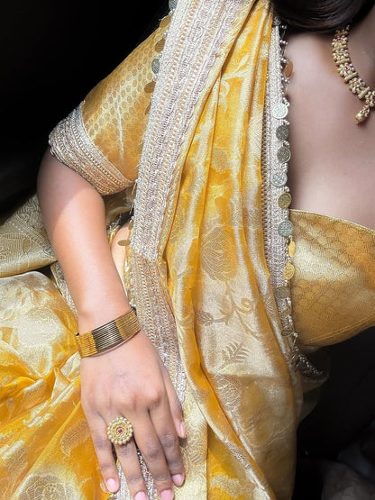 Yellow Banarasi Soft Jaal Tissue Silk Saree