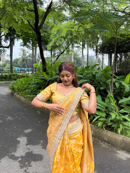 Yellow Banarasi Soft Jaal Tissue Silk Saree