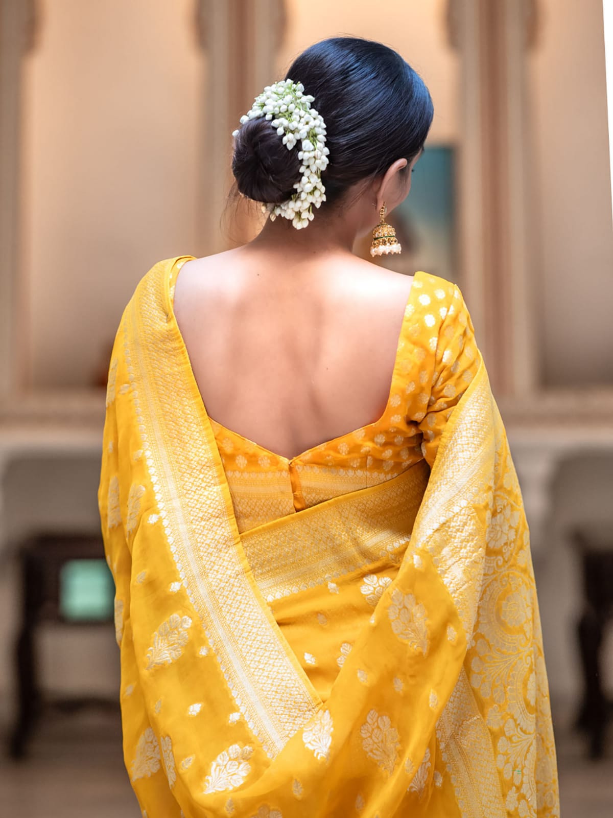 Yellow Banarasi Soft Georgette Silk Saree