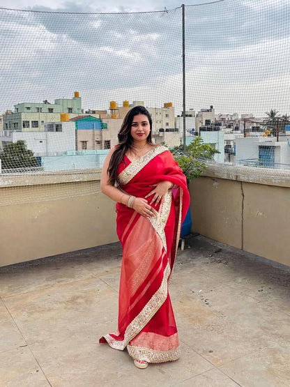 Red Banarasi Soft Glass Tissue Silk Saree